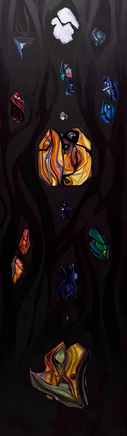 Dark background with colorful stained glass-like butterflies and flames.