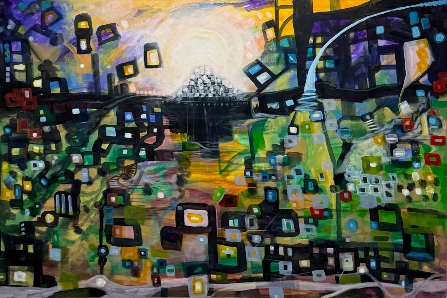 Abstract cityscape with vibrant colors and geometric shapes.