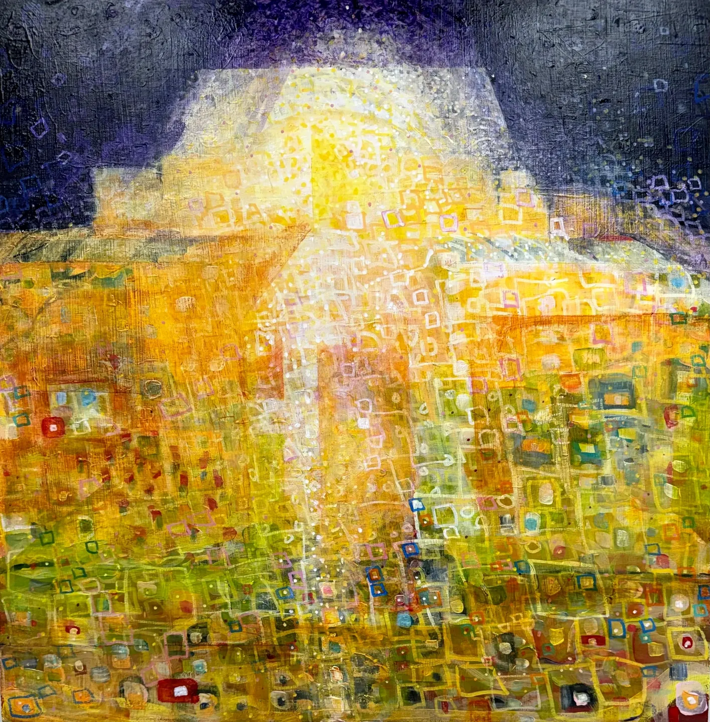 Abstract painting with vibrant yellows and blues depicting a radiant, glowing structure.