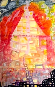 Abstract painting with warm colors and geometric shapes.